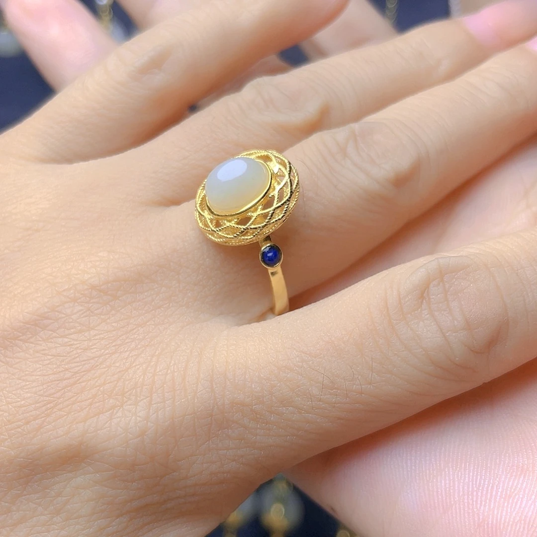 和田玉银S925镀金镶嵌戒指