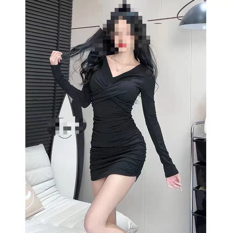 大码辣妹性感V领秋冬加厚修身连衣裙扭结设计感包臀裙6860-6888