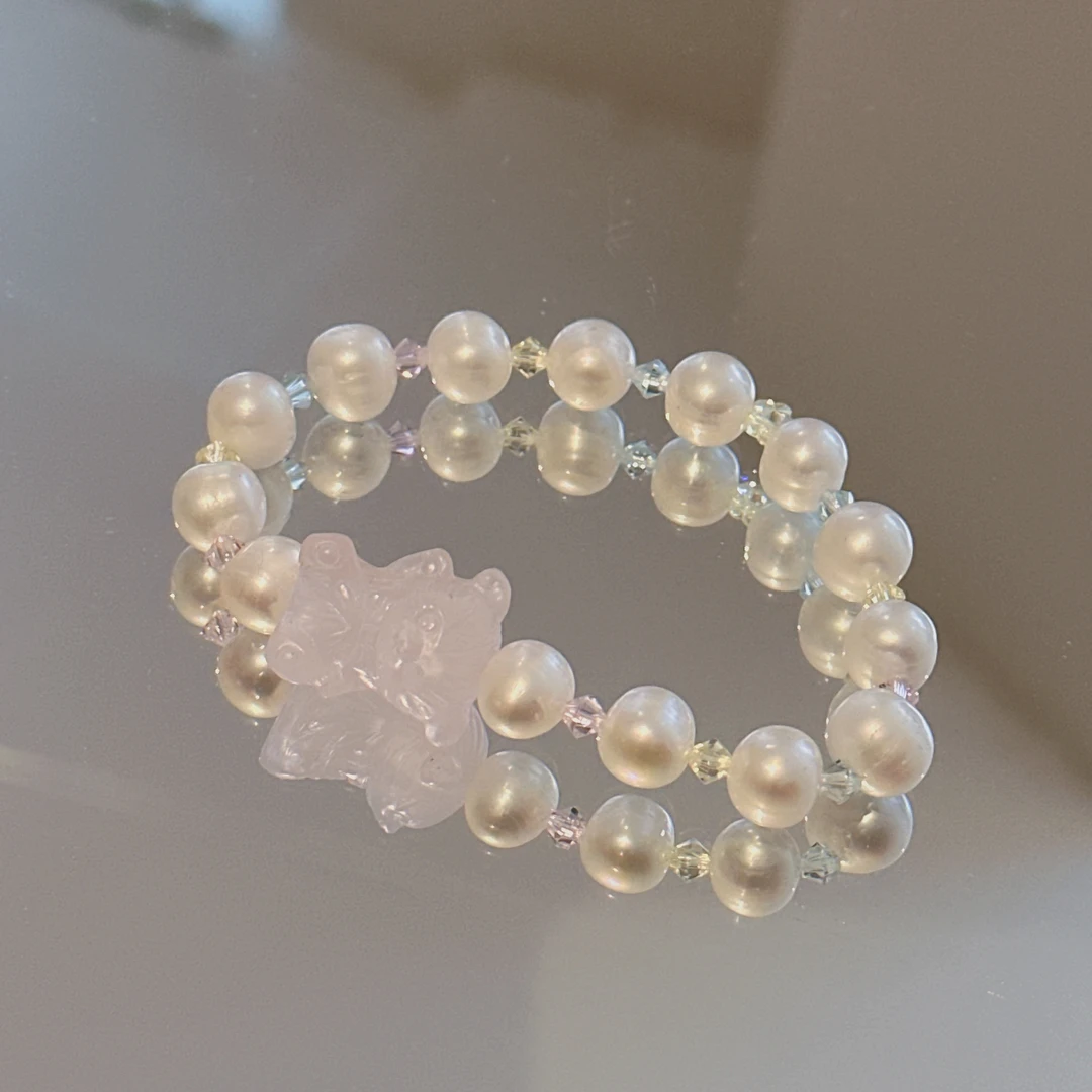 SG1791-［珍珠熊熊］粉水晶珍珠施华洛手串均有瑕多样发