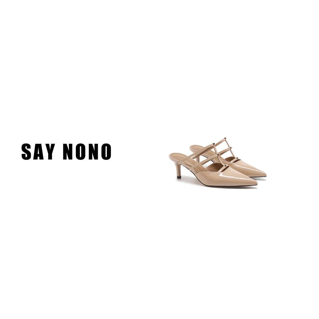 say  nono  铆钉后空细带头层牛漆皮尖头细跟穆勒包头凉鞋