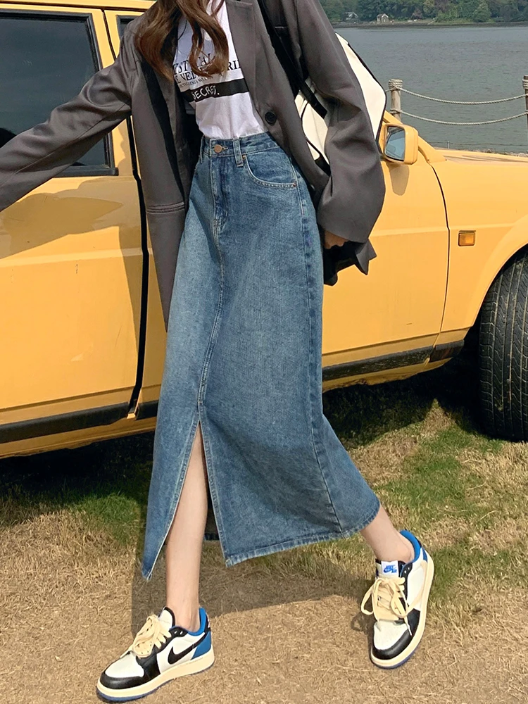 7821#高腰开叉牛仔半身裙女2025春夏新款中长款a字裙小个子包臀裙