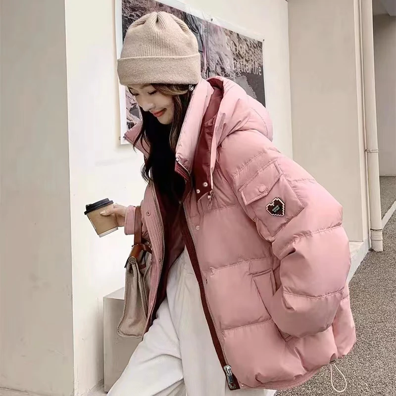 2025新款连帽拼接棉服女冬高级感加厚保暖面包服外套