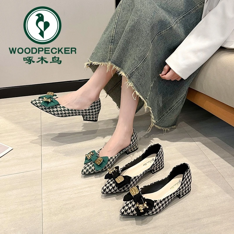 啄木鸟小香风平底仙女鞋千鸟格尖头单鞋女2025春新款百搭浅口瓢鞋