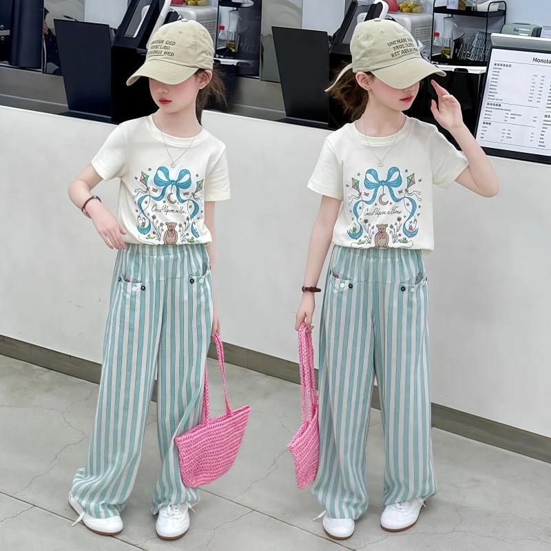 女童夏装套装2025新款儿童网红洋气短袖T恤时尚休闲阔腿裤两件套