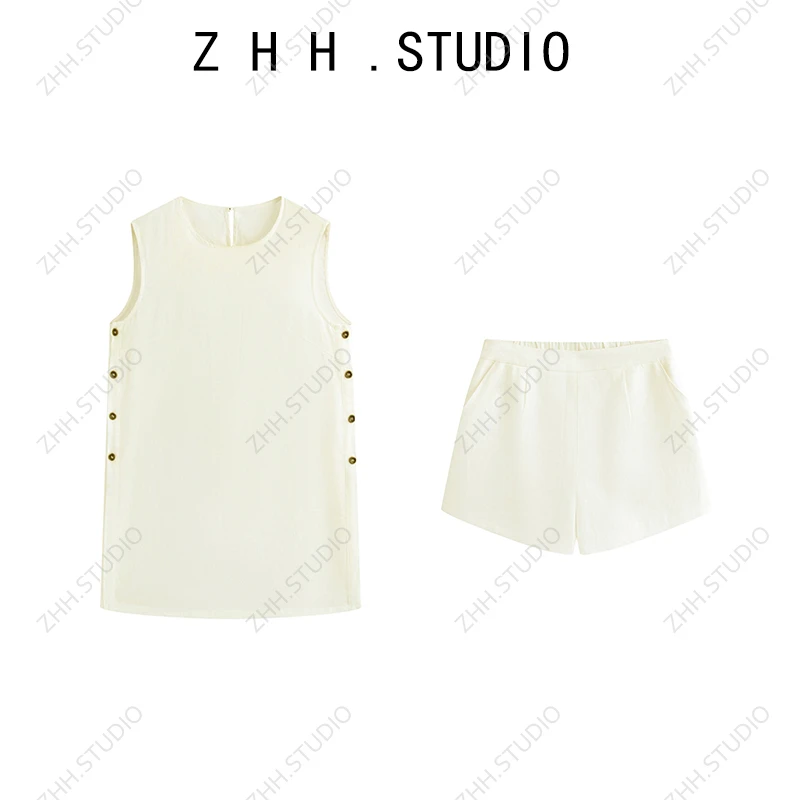 天丝亚麻套装女2025夏新款韩版宽松老钱风短裤+上衣裙子两件套
