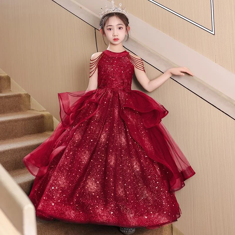 红色女童晚礼服轻奢小众高端花童婚礼公主裙儿童主持人钢琴演出服