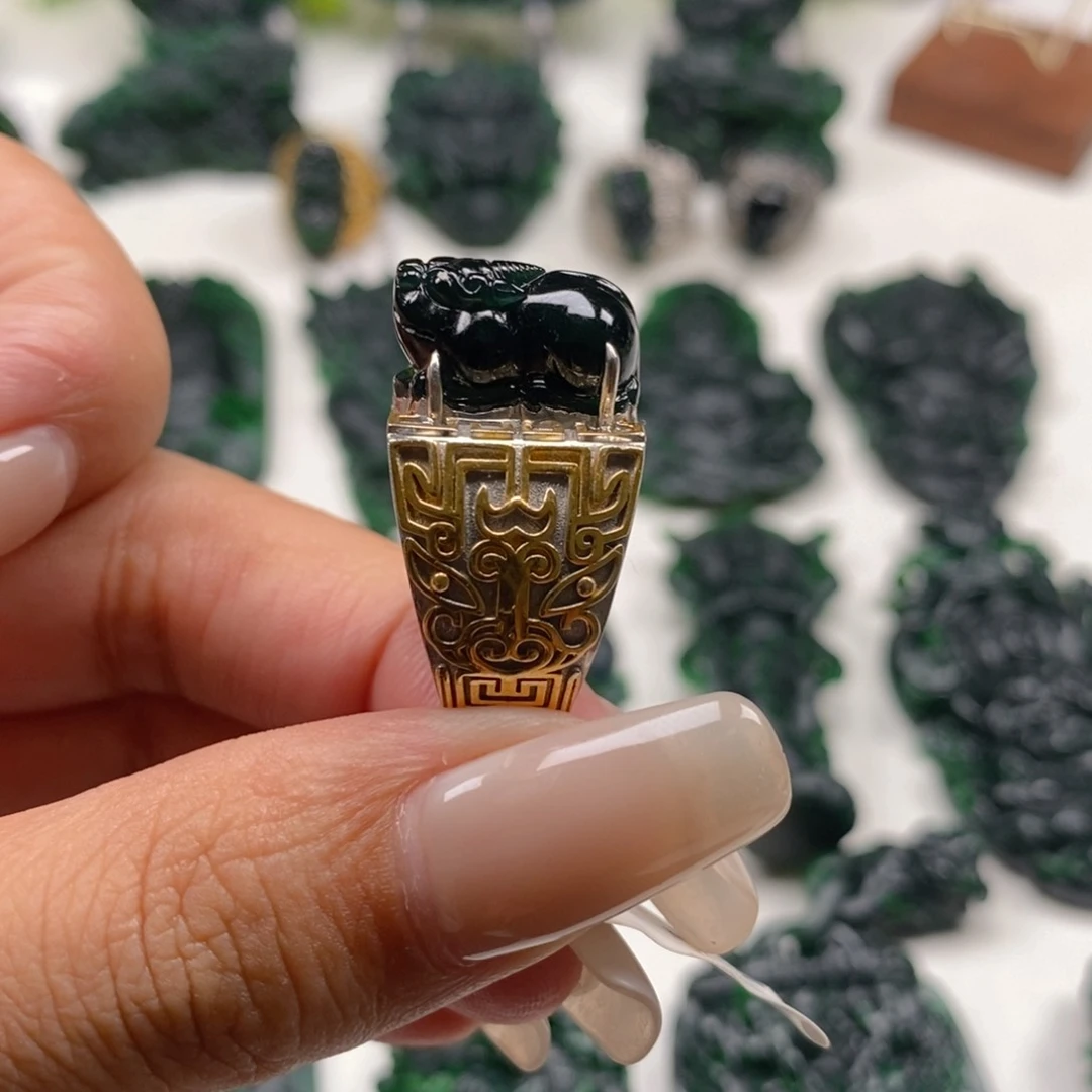 定制翡翠银S925镶嵌貔貅戒指T