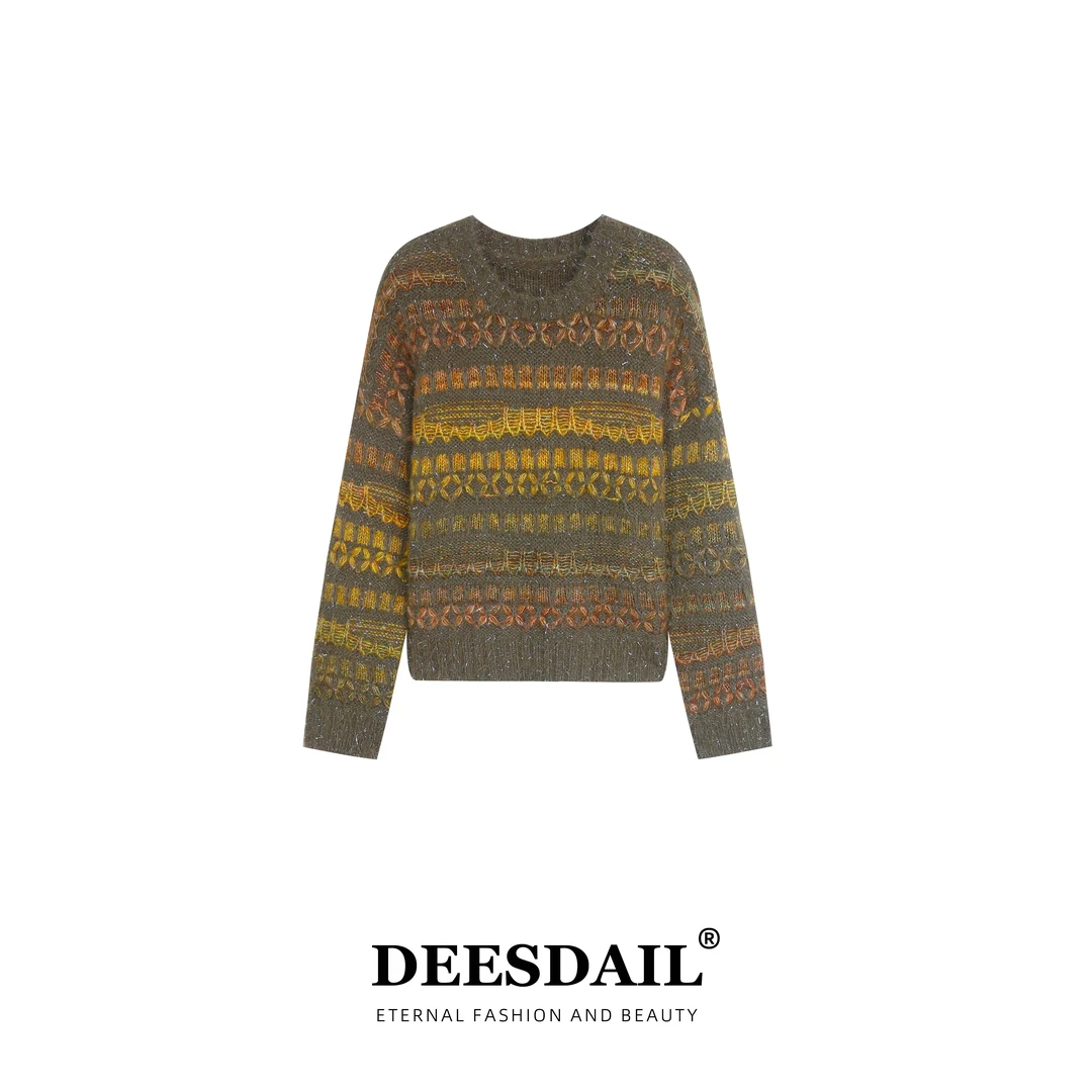 Deesdail冬季长袖绿色费尔岛圆领毛衣百搭显瘦时尚针织衫女A529