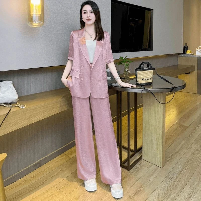 胖妹妹时尚西装套装女夏季职业洋气缎面薄款凉感西服休闲两件套潮