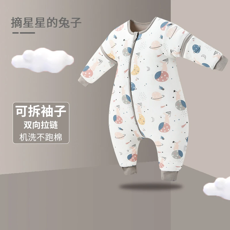 秋冬季夹棉厚款100%棉a类婴儿连体睡衣宝宝防踢被儿童分腿睡袋