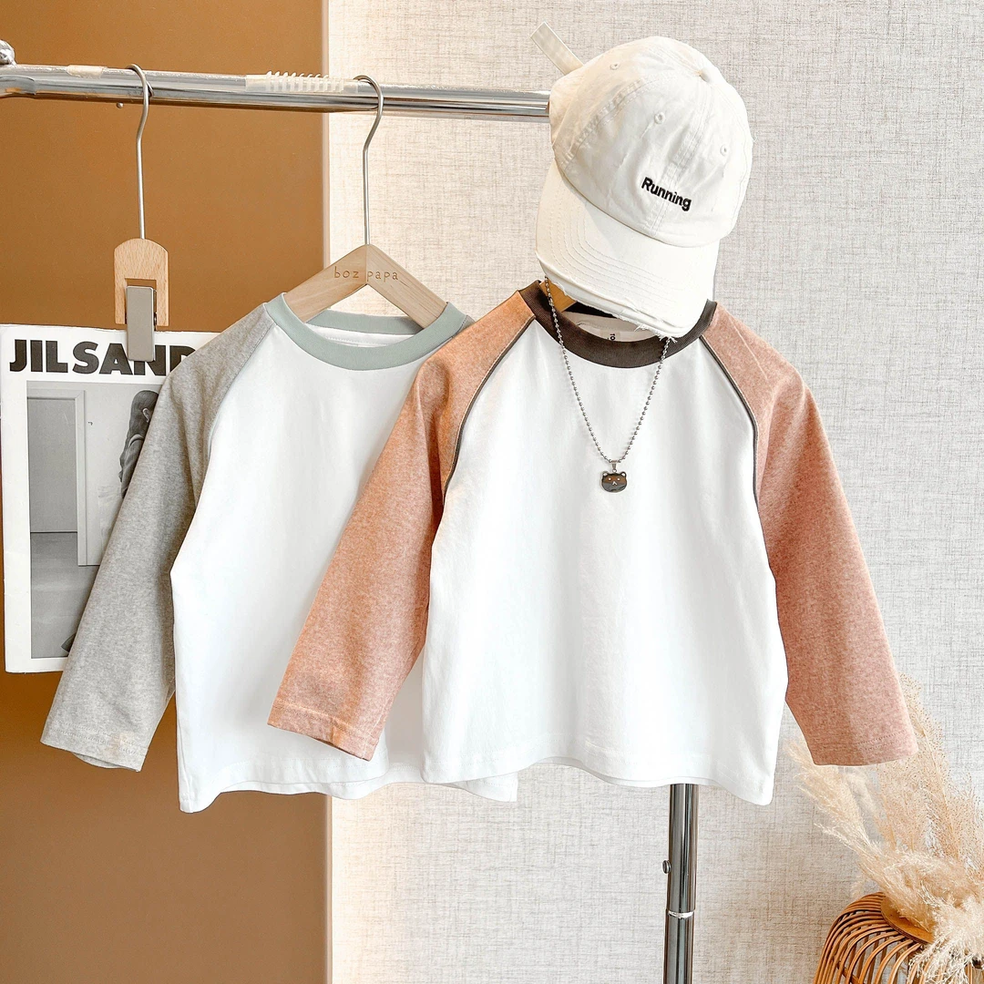 啵小爸【如画春天】2025秋款男童韩系休闲拼色内搭单件T