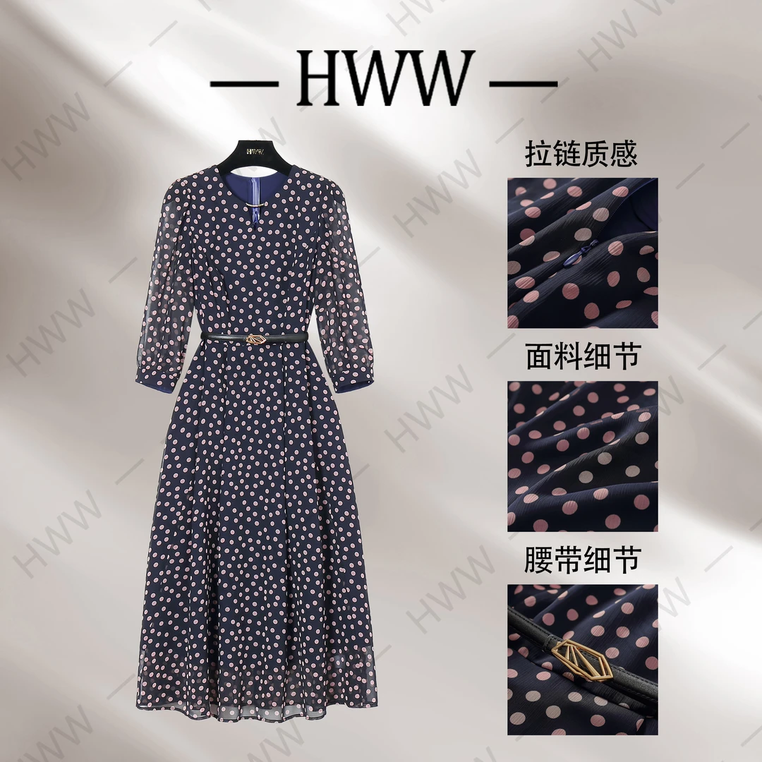 【赫尔温】设计款蓝底粉波点时尚收腰显瘦连衣裙DHZFF50296
