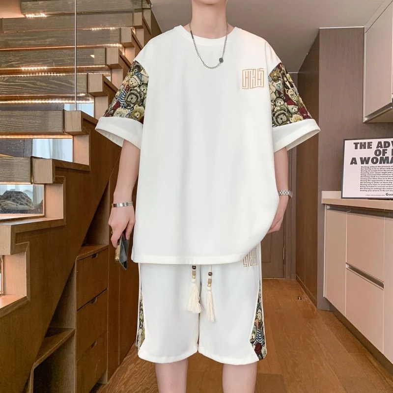 国风套装男宽松薄款短袖短裤两件套国风夏季大码t恤休闲运动服