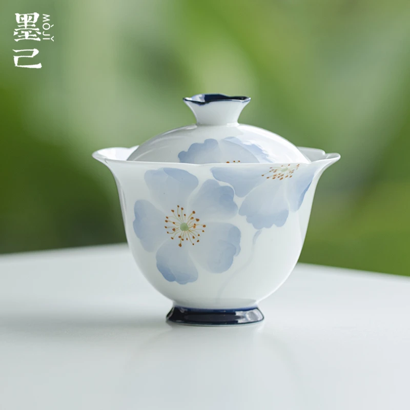 墨己 玉泥-蓝影海棠-念露盖碗精工手绘釉下彩白瓷