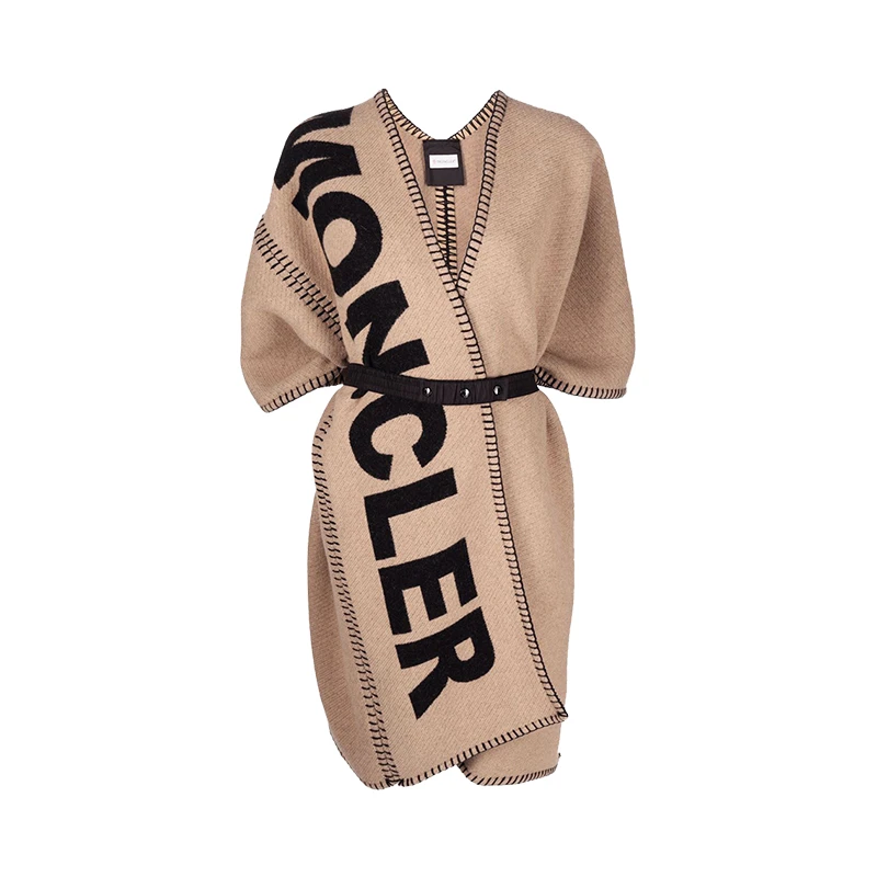 未使用 MONCLER 女款黑字母提花棕色羊毛流苏斗篷送老婆送女友