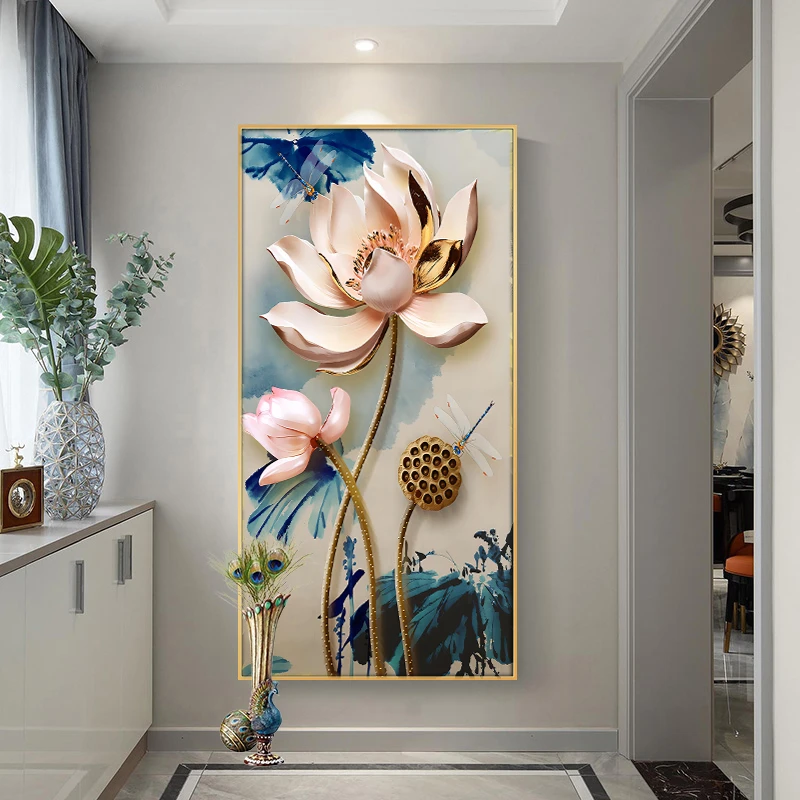 新款钻石画竖版玄关清雅荷花满钻全贴魔方圆钻石画卧室客厅贴钻画