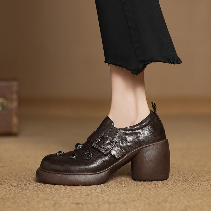 8CM法式小众厚底舒适深口单鞋2025春季新款圆头粗跟一脚蹬小皮鞋