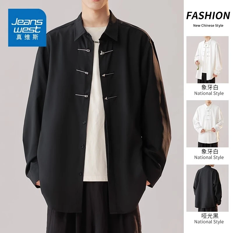 Jeanswest/真维斯国风长袖衬衫男士潮牌唐装春秋新款宽松百搭外套