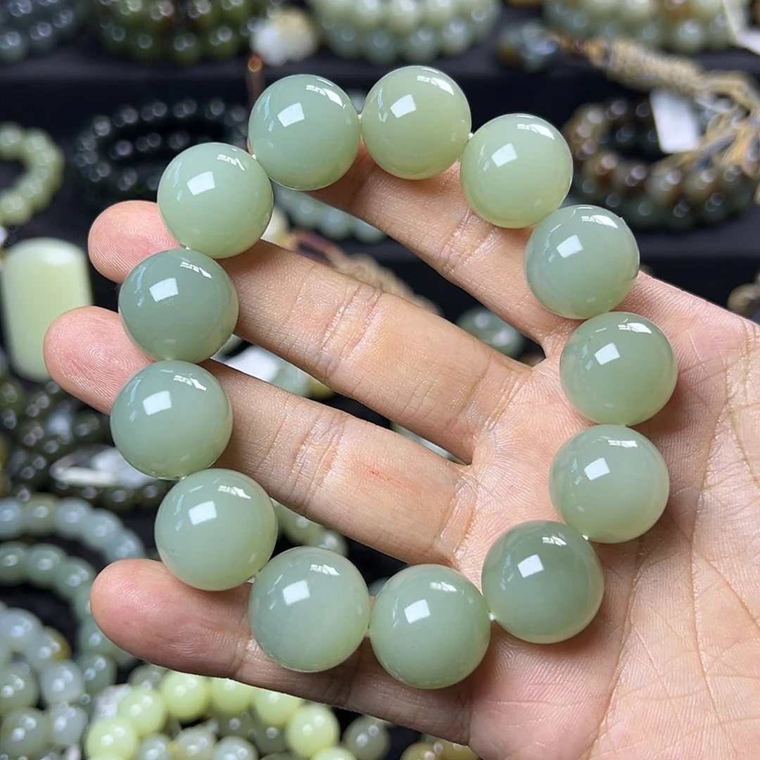 和田玉手链未镶嵌喜**康新疆且末高青白葡萄肉卡18圆珠