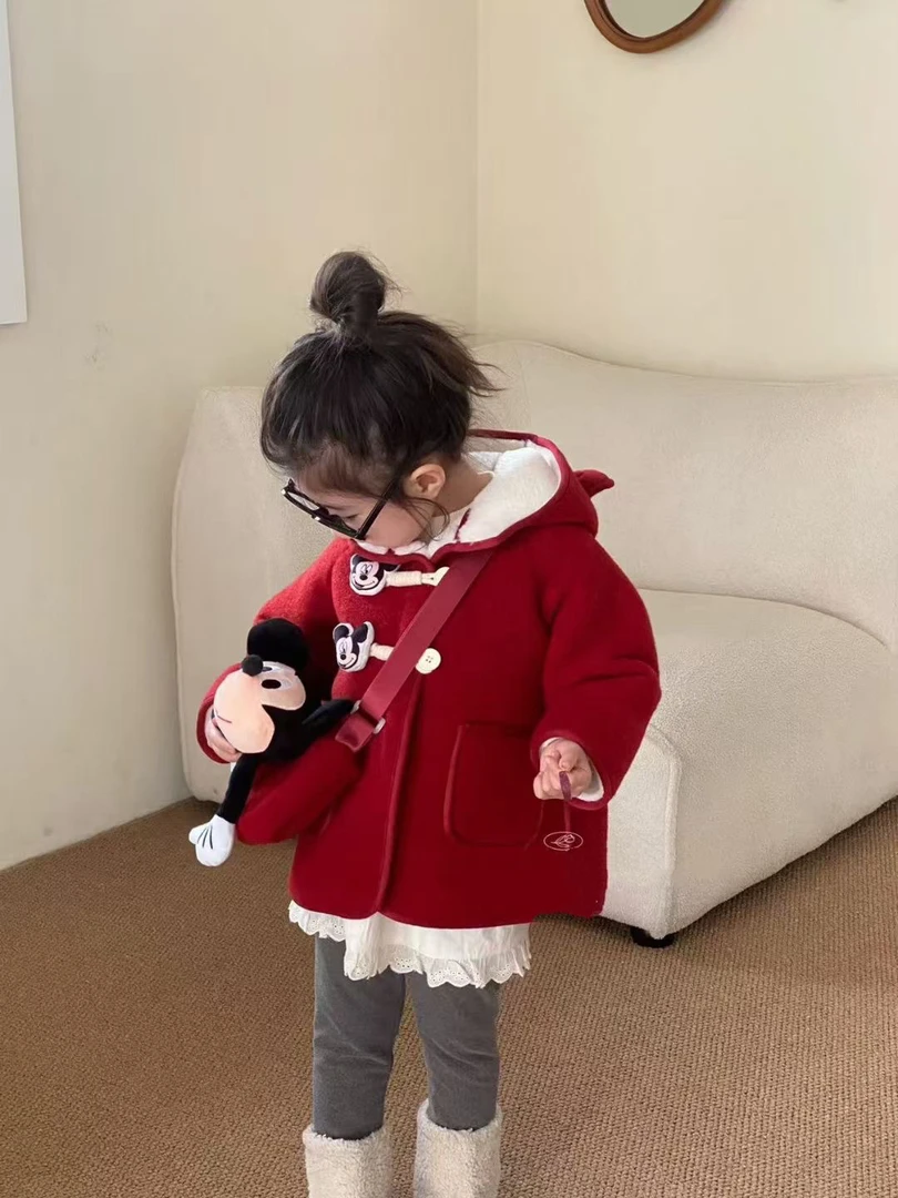 时尚女童毛呢外套秋冬加厚中长款连帽保暖外套