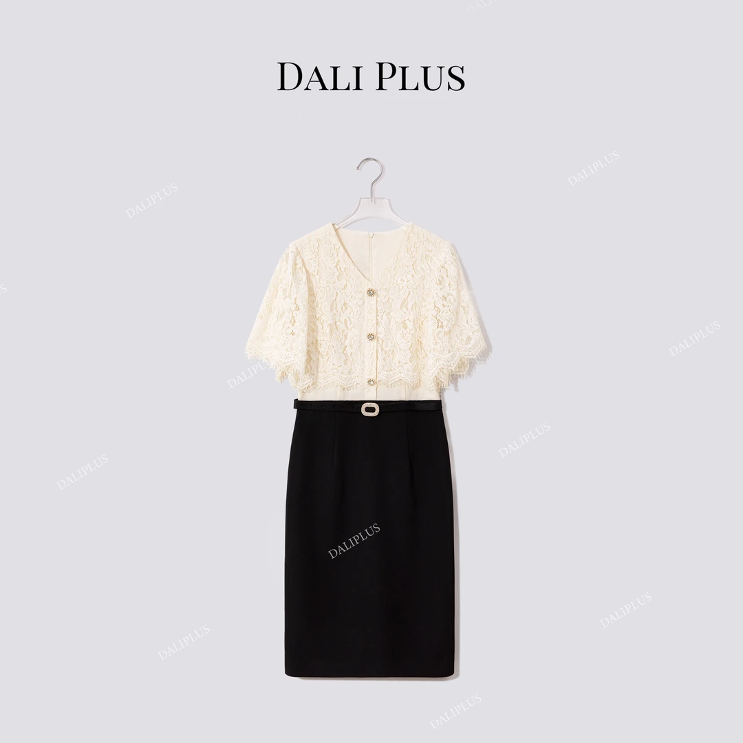 DALI PLUS“黑白碰撞蕾丝裙”优雅时髦棉质连衣裙-D5SS7165