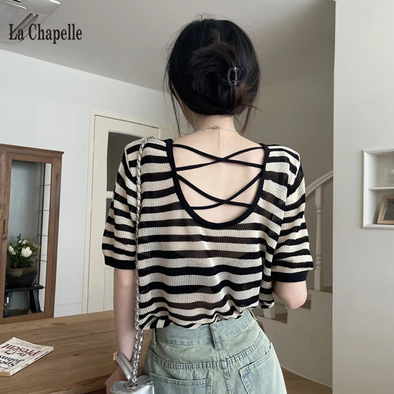 拉夏贝尔后背镂空修身T恤女2025春季时尚个性减龄纯色打底衫上衣