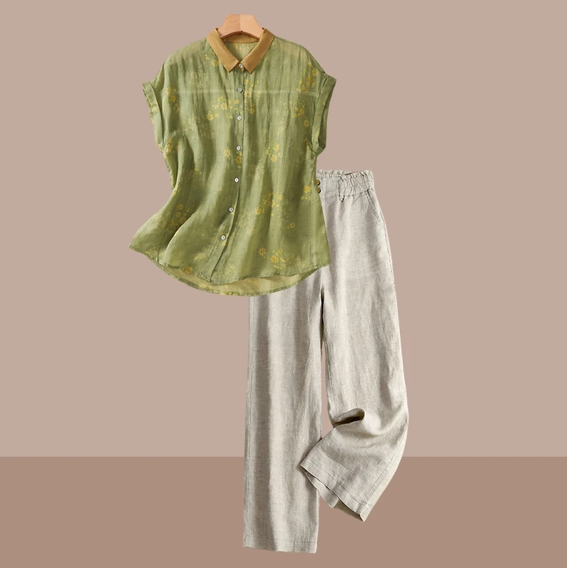 短袖衬衫套装女士妈妈夏装时尚新款洋气亚麻苎麻上衣阔腿裤两件套