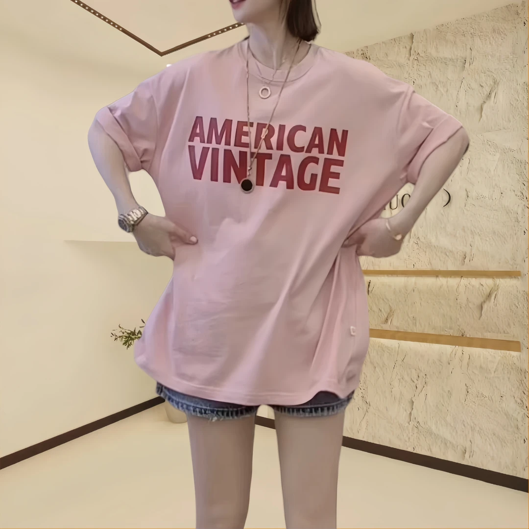 夏季中长款印花圆领短袖女2025韩版时尚百搭休闲宽松显瘦大版T恤