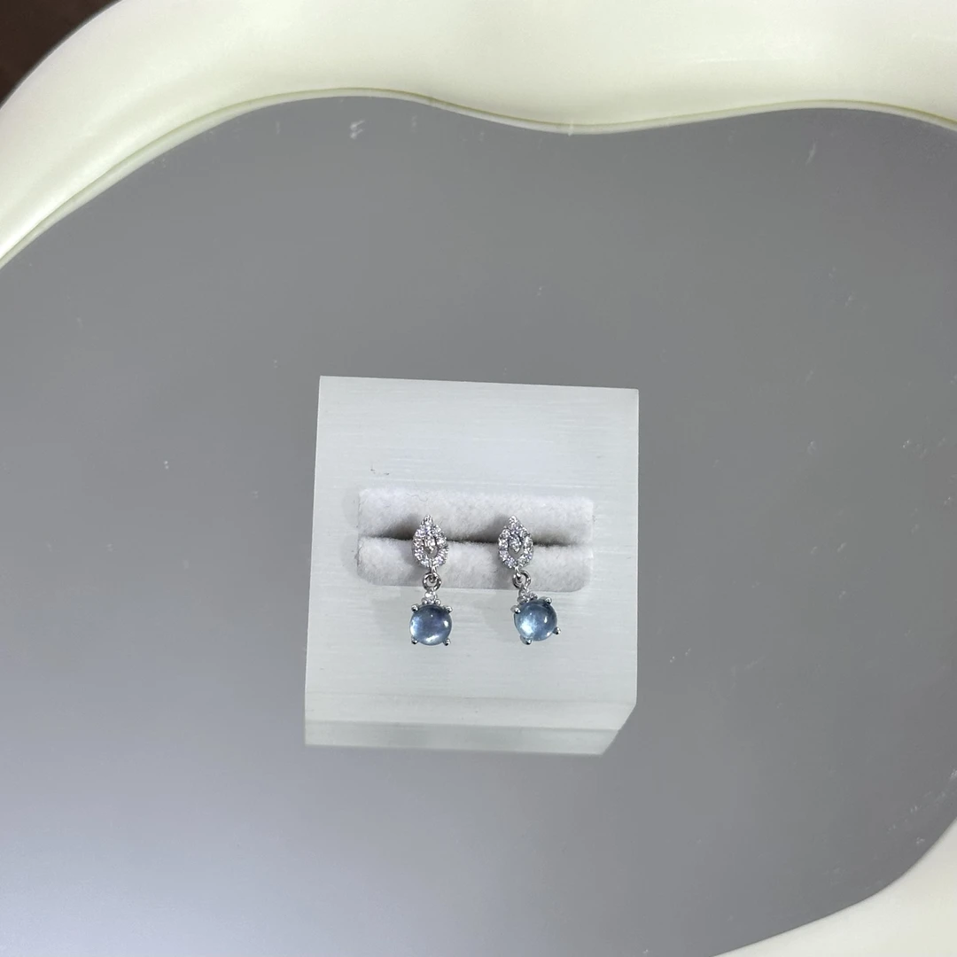 天然海蓝宝925银底托耳钉