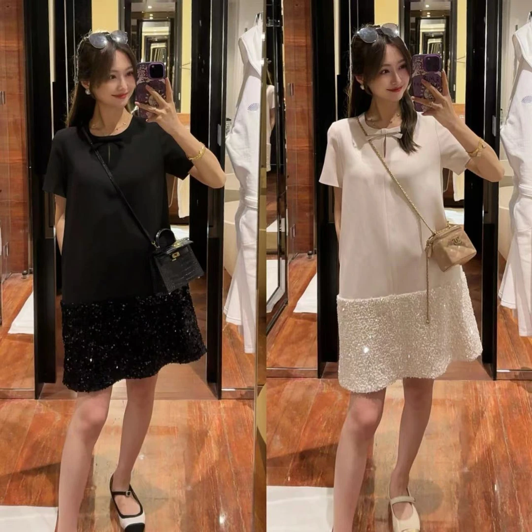 W·HAHA【微光裙摆】凉感醋酸高级轻奢蝴蝶结拼接亮片连衣裙 77518