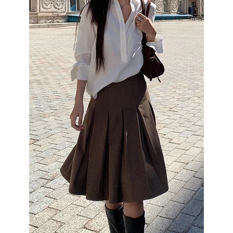 耶古罗马风毛呢a字百褶裙女秋季新款高腰显瘦立体剪裁压褶半身裙