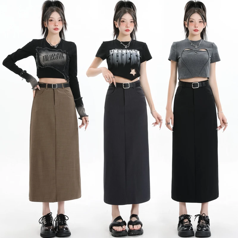 实拍 西装半身裙女2025春季高腰直筒包臀一步裙后开叉a字中长裙子