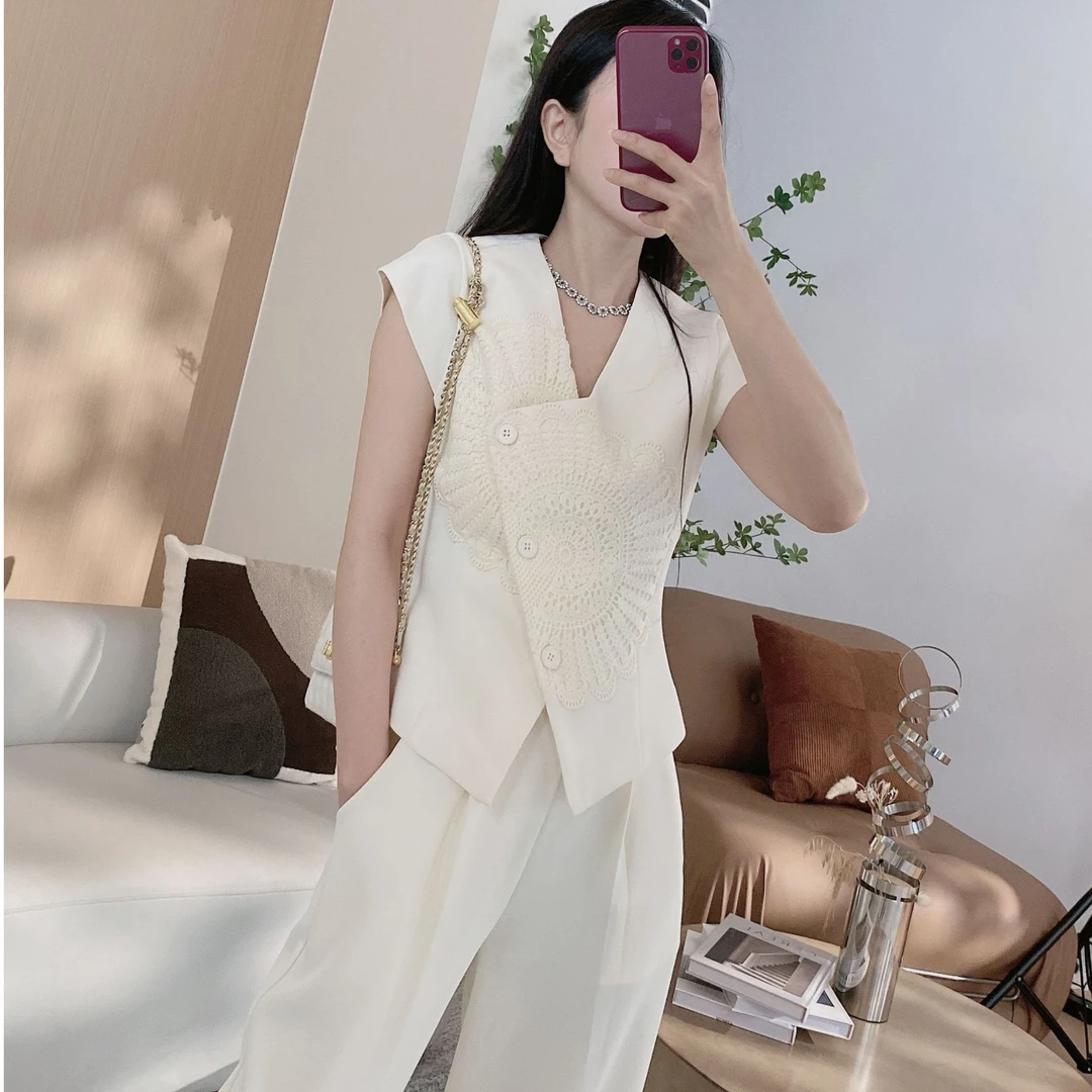 【轻奢套装】轻奢斜排扣上衣+两侧松紧阔腿裤两件套6688