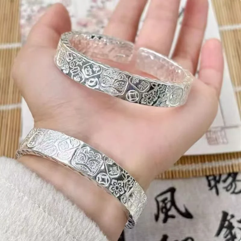 足银手镯 【A22】999.9银三面雕刻开口带礼盒