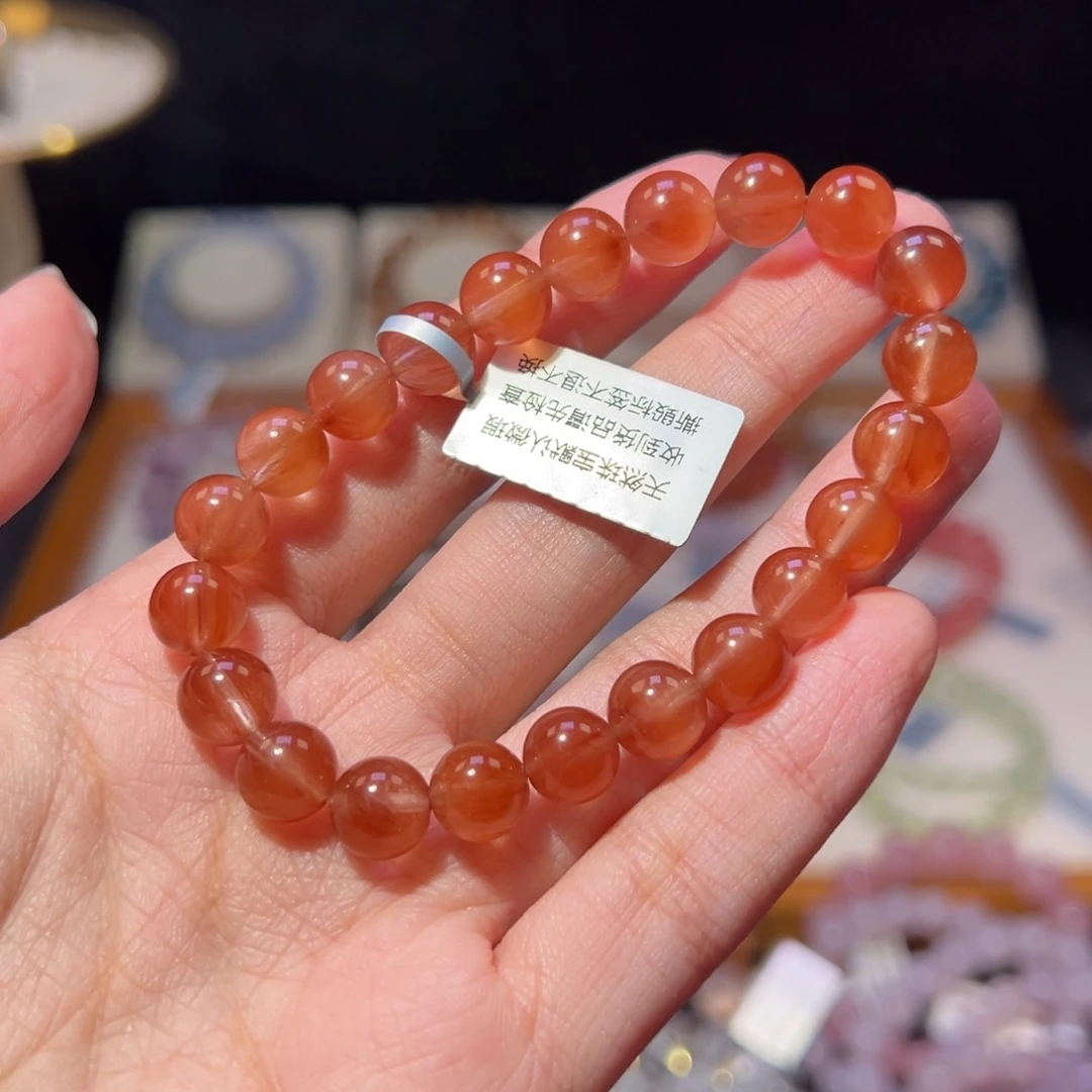 水晶手串未镶嵌p****p8m收藏级透体橙红兔毛