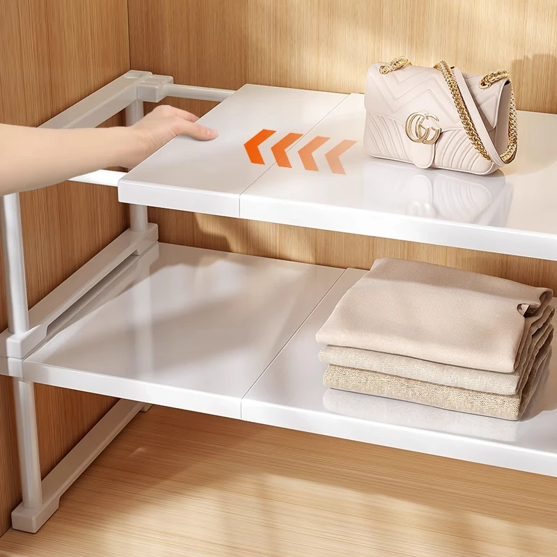 俏洁家用免打孔衣橱柜子收纳分层叠加隔板可伸缩置物架衣柜整理架