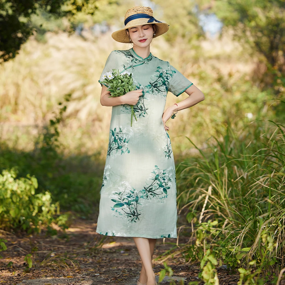 新款苎麻印花中国风改良旗袍裙立领盘扣短袖禅意气质款女装连衣裙