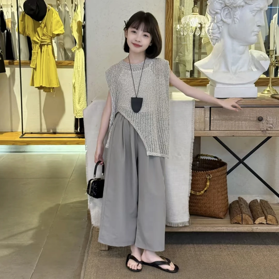 法式不规则开叉绑带镂空无袖垫肩针织衫九分裤套装女童2025夏新款