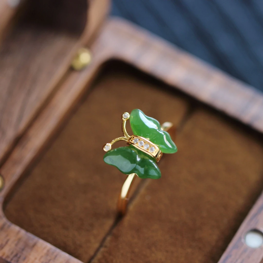 蝴蝶系列-和田碧玉戒指S925国风