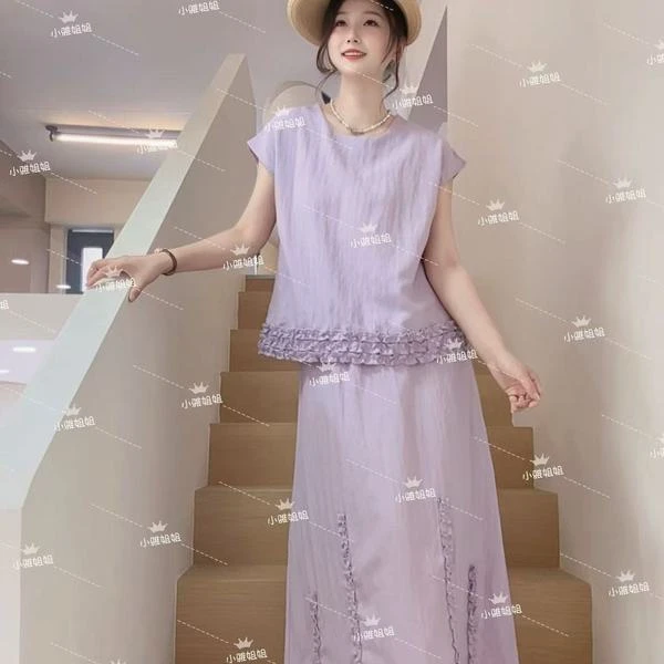 小雅姐姐  韩版简约花边设计松弛慵懒百搭休闲套装IX12