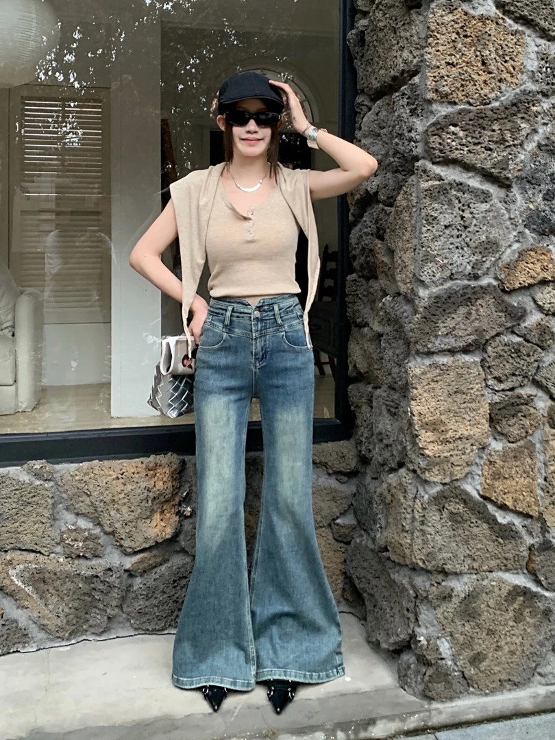 复古做旧高腰微喇牛仔裤2025年早秋新款修身显瘦气质百搭韩版辣妹