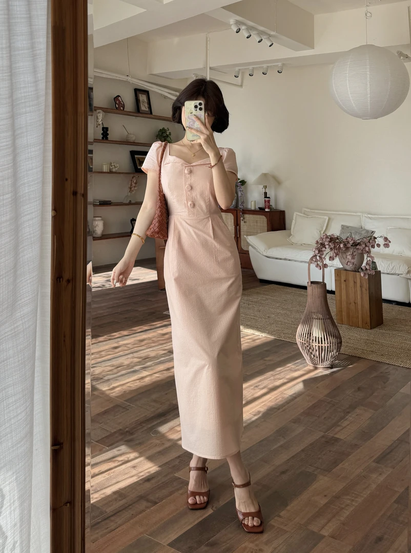 蕾英俊-桃夭-夏季法式方领小翻领纯棉肌理感气质复古连衣裙JF6363