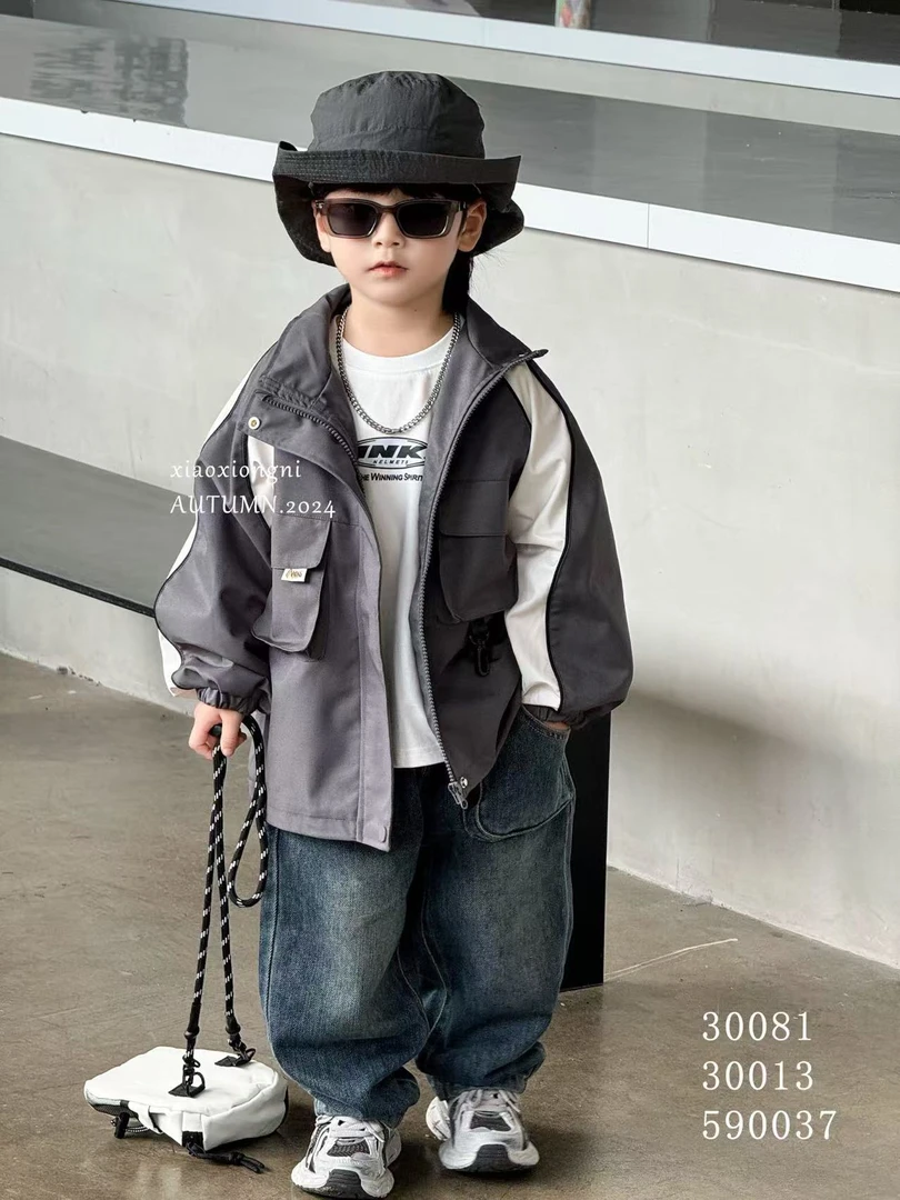 小熊妮儿童春秋立领冲锋衣外套 30013 黑灰