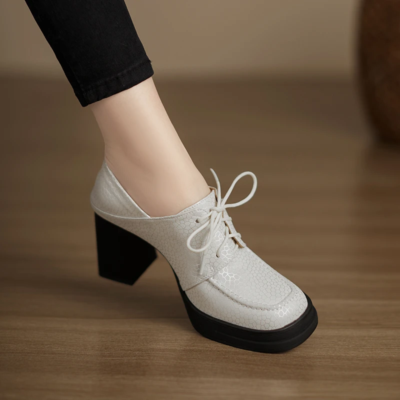 修悦手工女鞋8.5CM春季单鞋粗跟方头高跟鞋通勤不累脚真皮小皮鞋