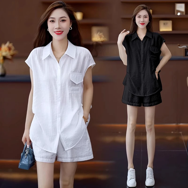 时尚套装女2025夏季新款宽松显瘦翻领短袖衬衫高腰阔腿短裤两件套