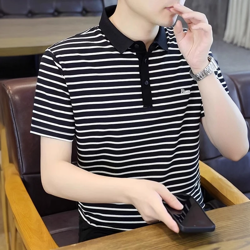 高端条纹短袖polo衫男士夏季新款休闲潮流商务衬衫透气半袖t恤衫