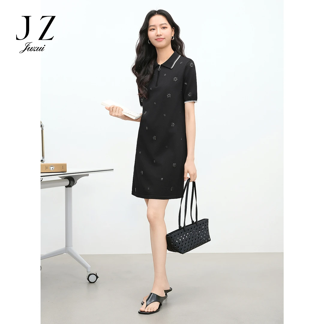 JUZUI玖姿JTFX31601气质学院风钉珠针织连衣裙女2025夏季新款