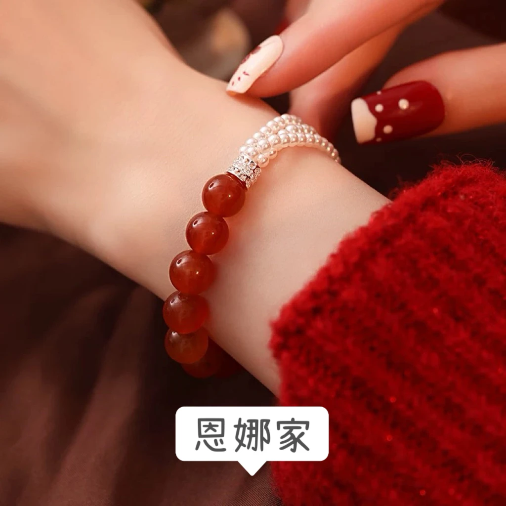 不锈钢仿珍珠手链 新疆包邮-S1178#红色珠拼接手链
