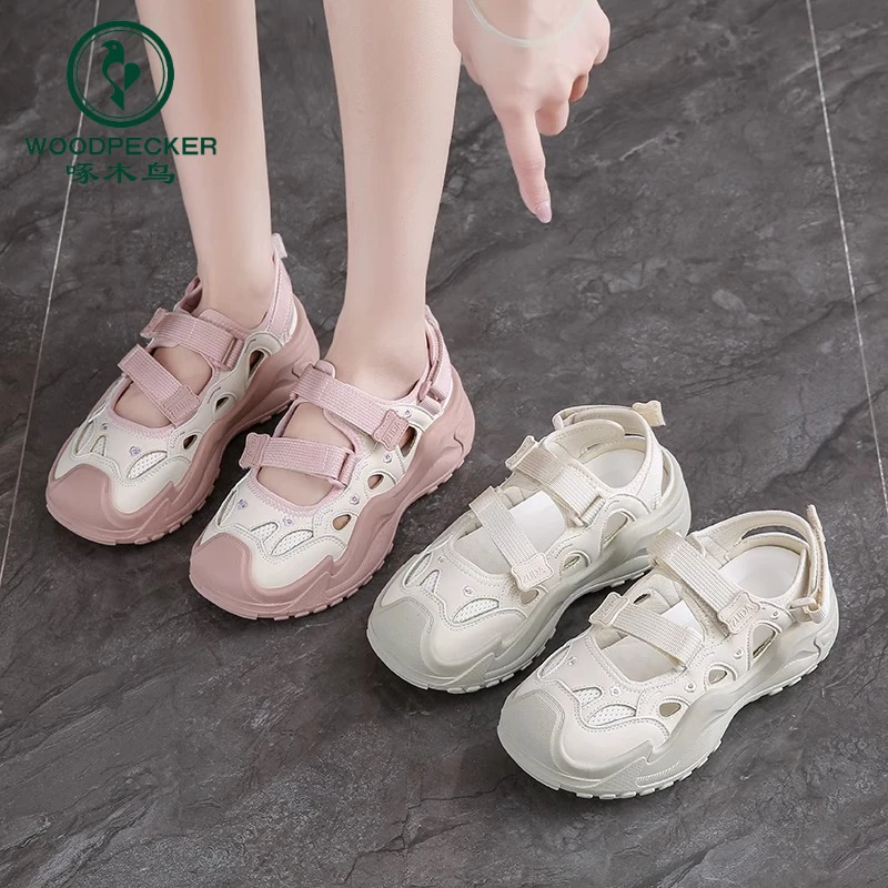 啄木鸟运动凉鞋女2025夏季新款厚底丑萌镂空小白鞋透气休闲老爹鞋