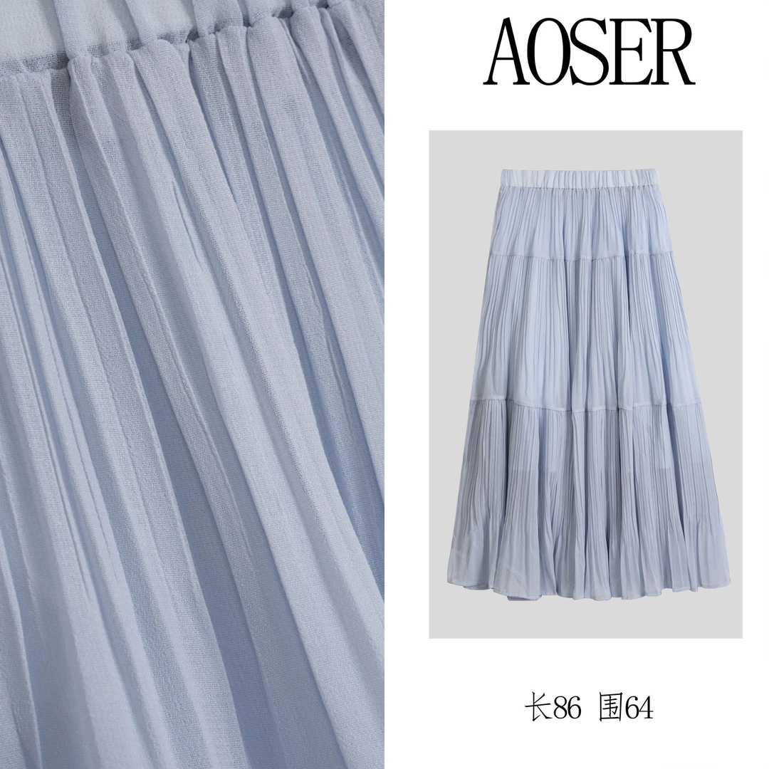 休闲风高腰半身裙纱裙百褶中长裙百褶裙垂感宽松裙子春夏半裙
